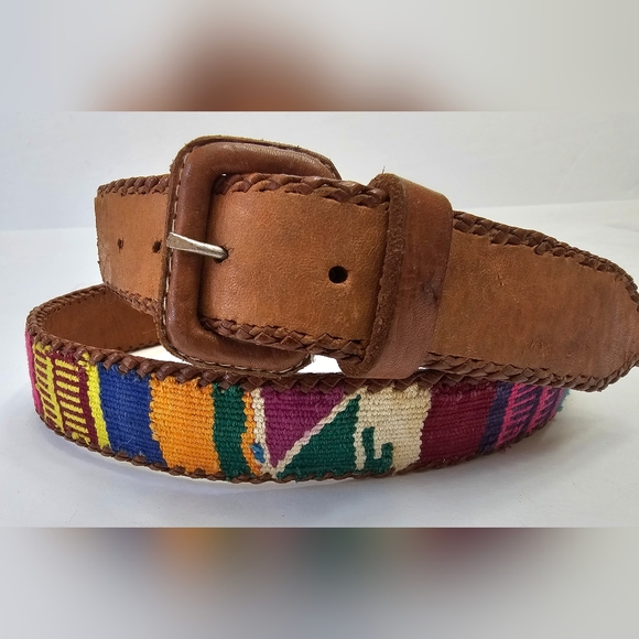 Guatemala Handmade Woven Multi Colored Tapestry Brown Leather Belt size 36 - Picture 1 of 6